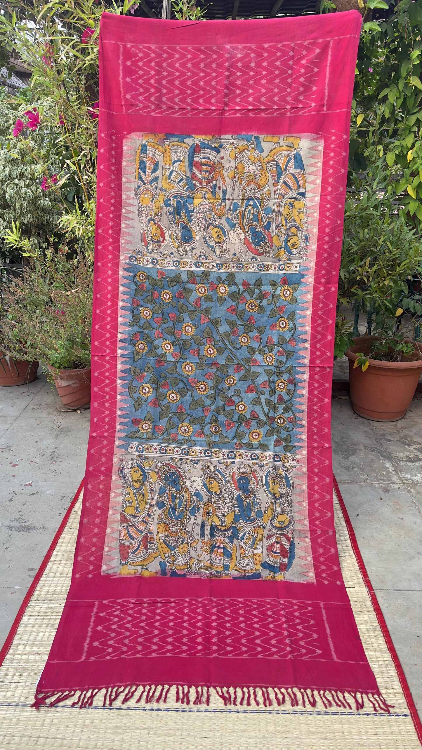 Traditional Penkalamkari on Ikkat cotton dupatta