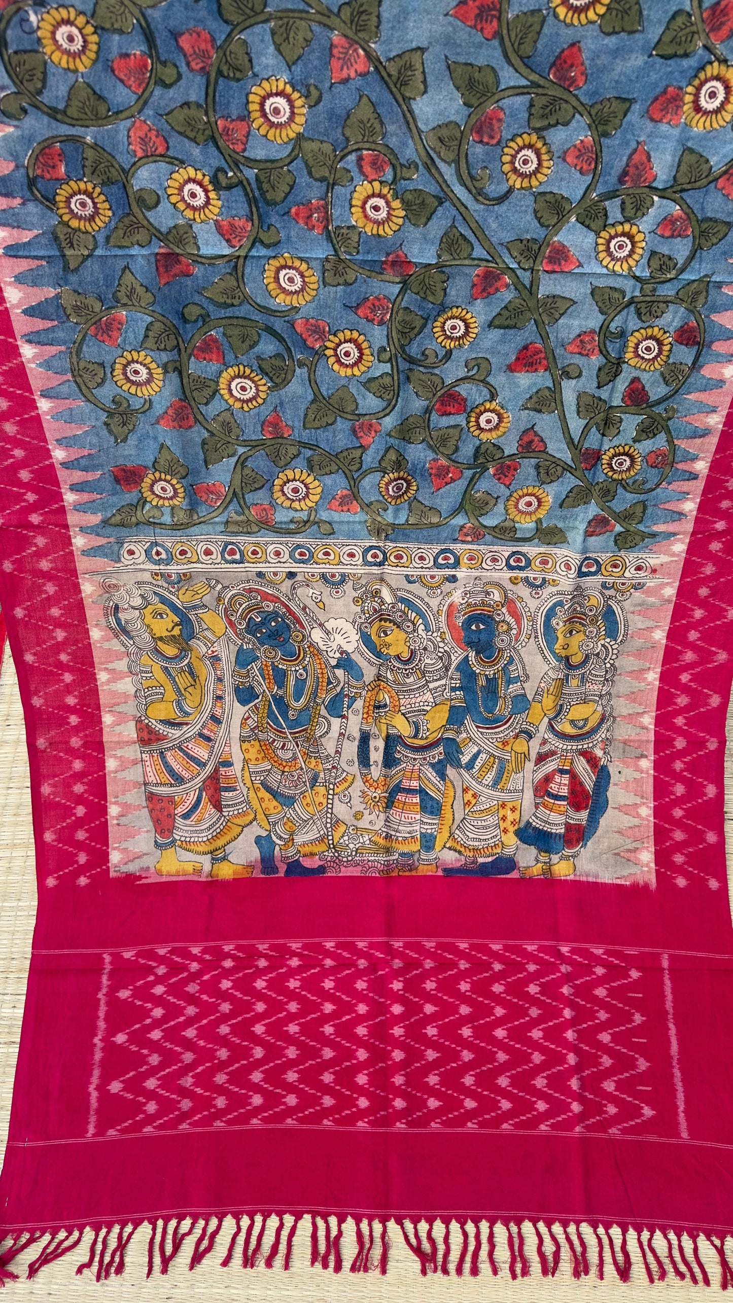 Traditional Penkalamkari on Ikkat cotton dupatta