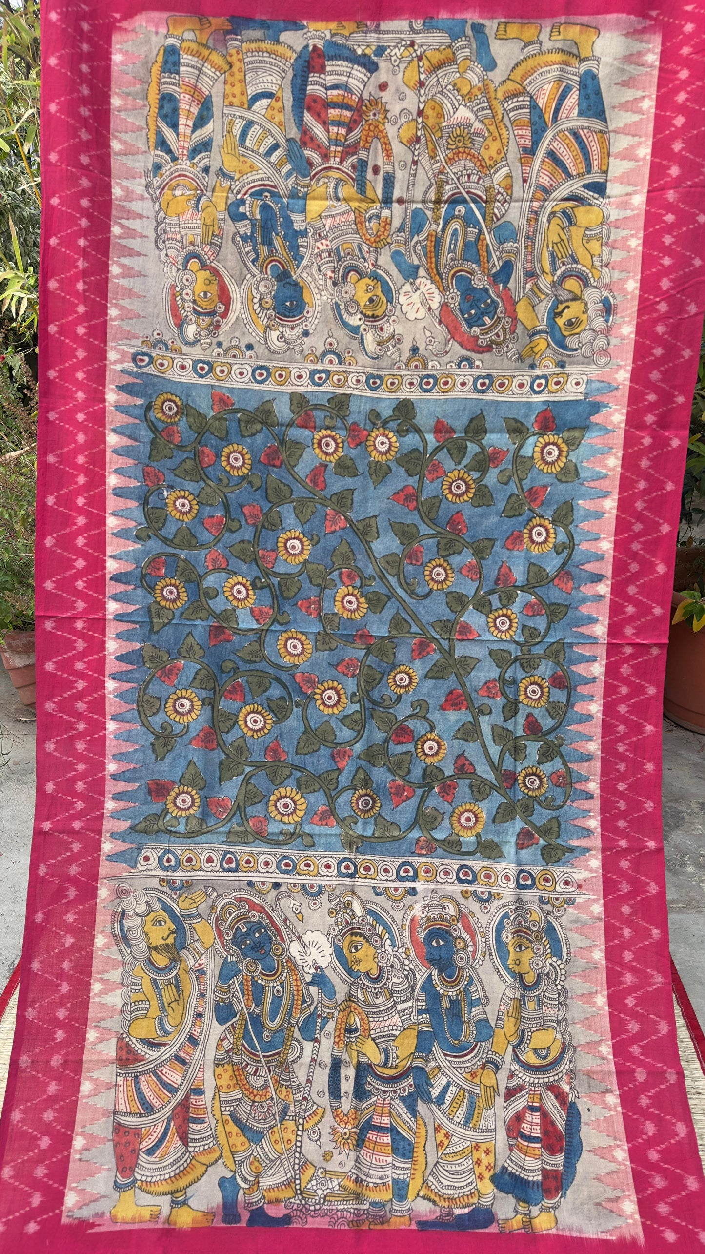 Traditional Penkalamkari on Ikkat cotton dupatta
