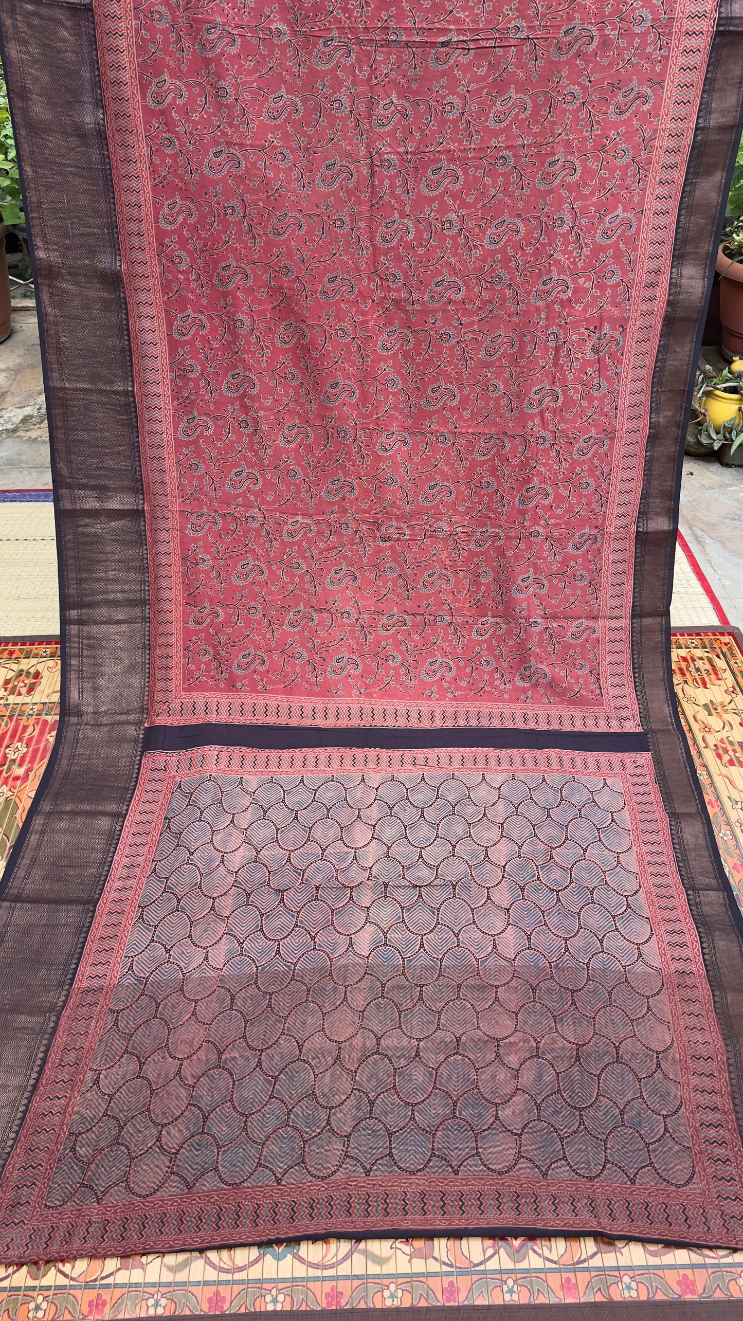 Hand block printed Ajrakh on chiniya silk