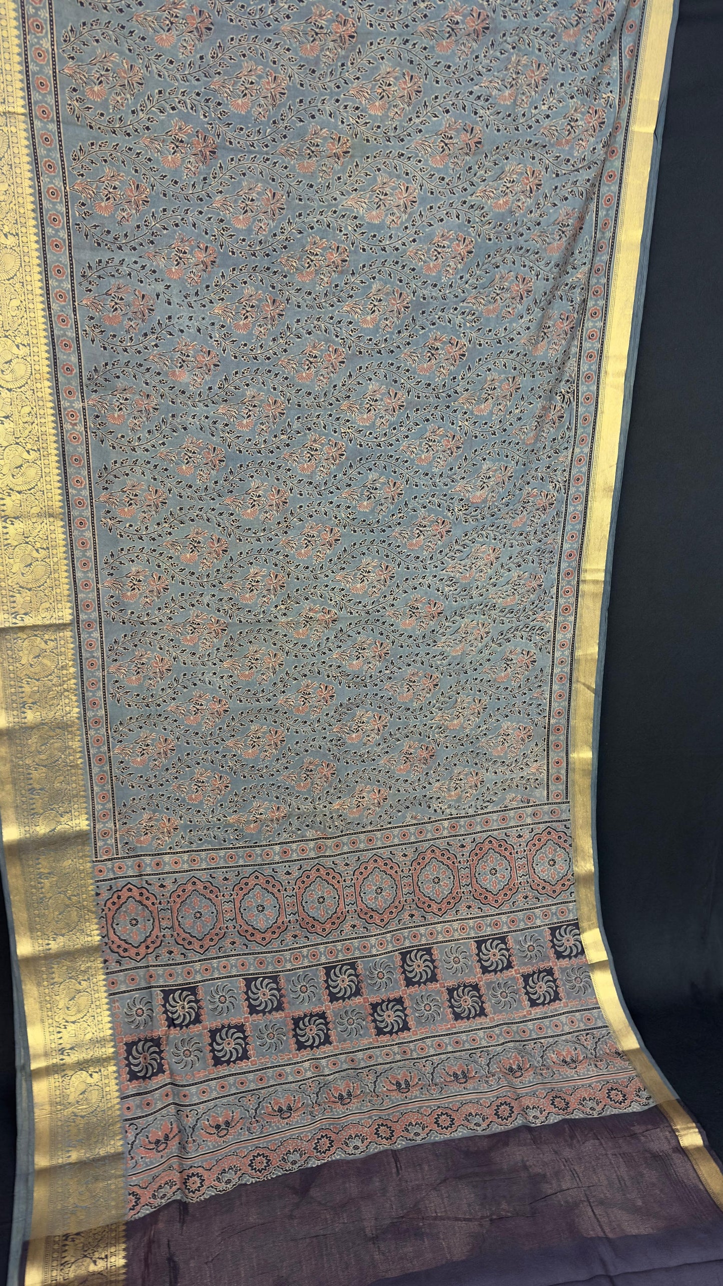 Hand block printed Ajrakh on chiniya silk