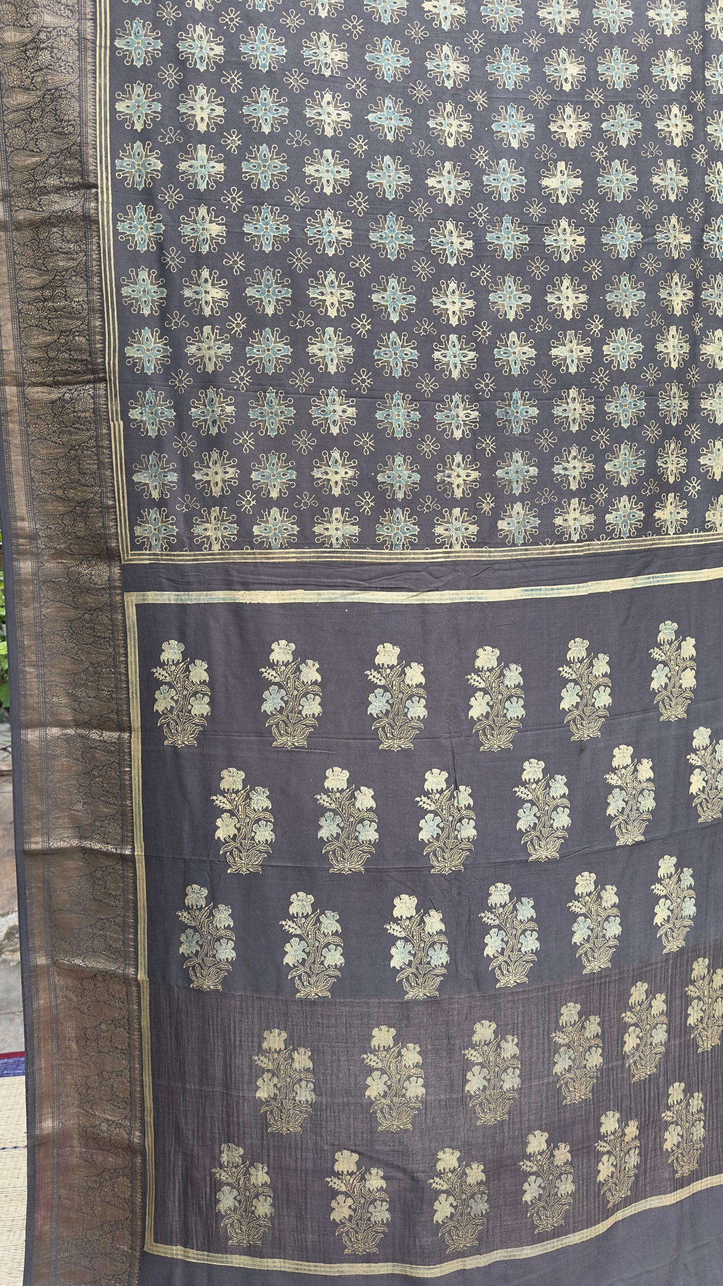 Hand block printed Ajrakh on chiniya silk