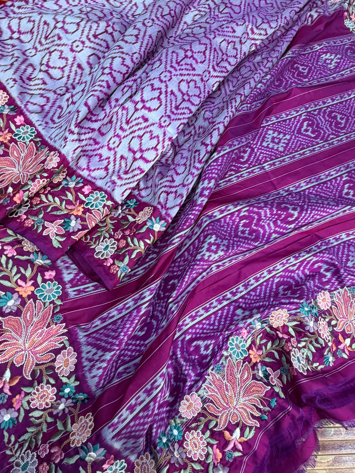 Pure silk handwoven Ikkat with embroidery