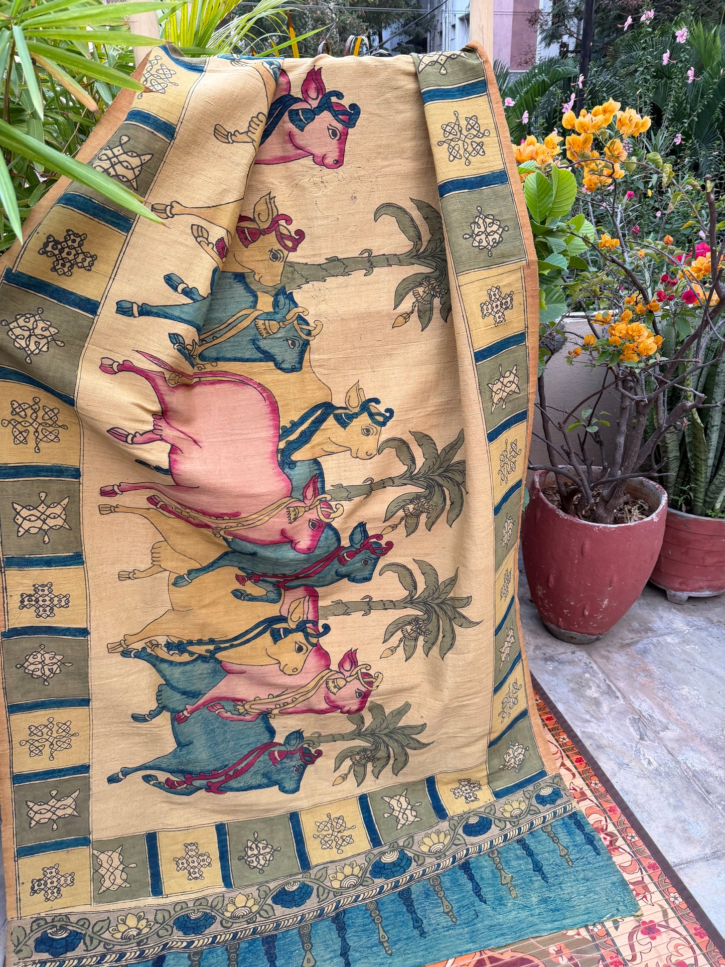 Raw silk penkalamkari dupatta