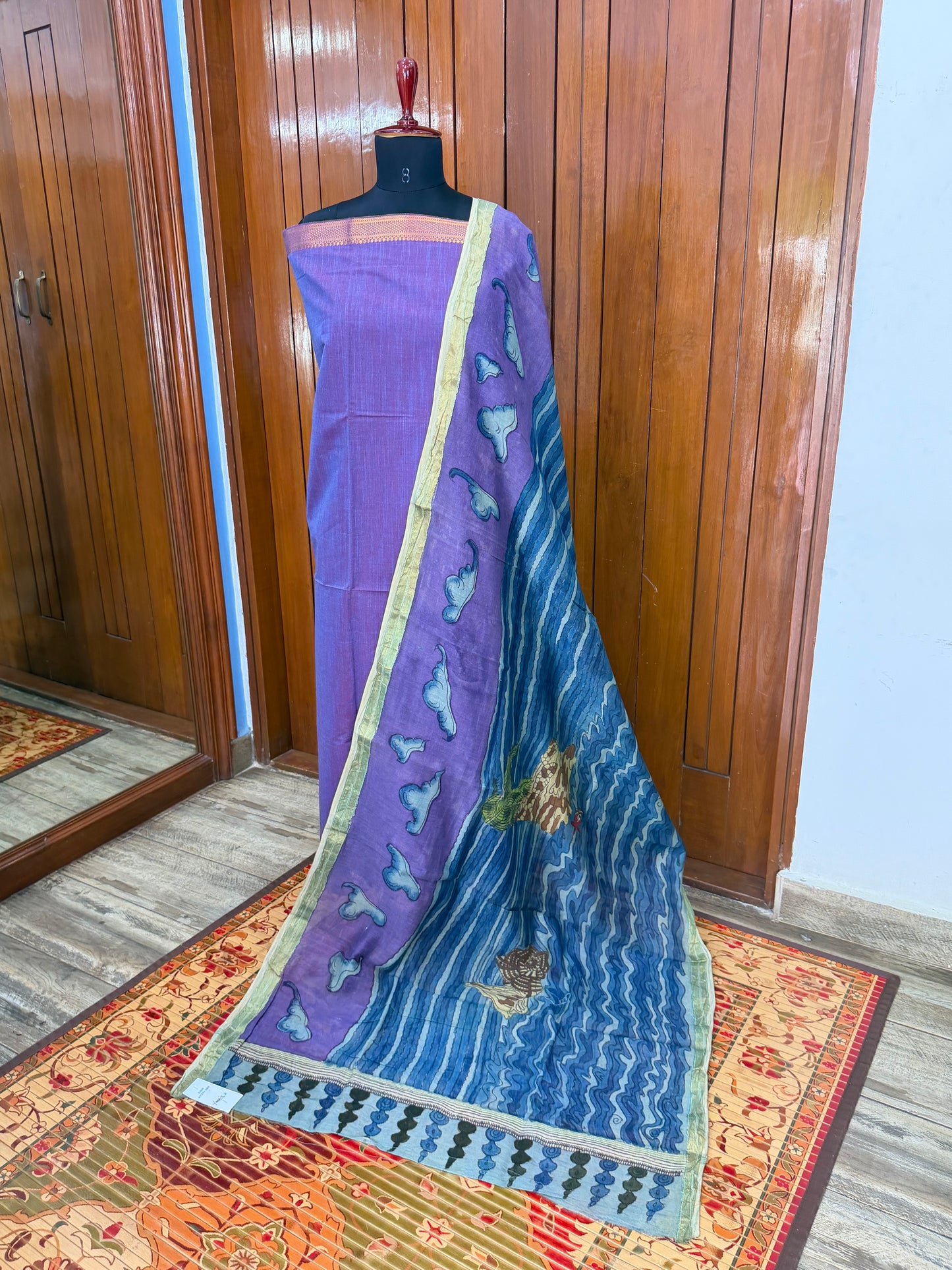 pure cotton kurti material paired with penkalamkari dupatta.