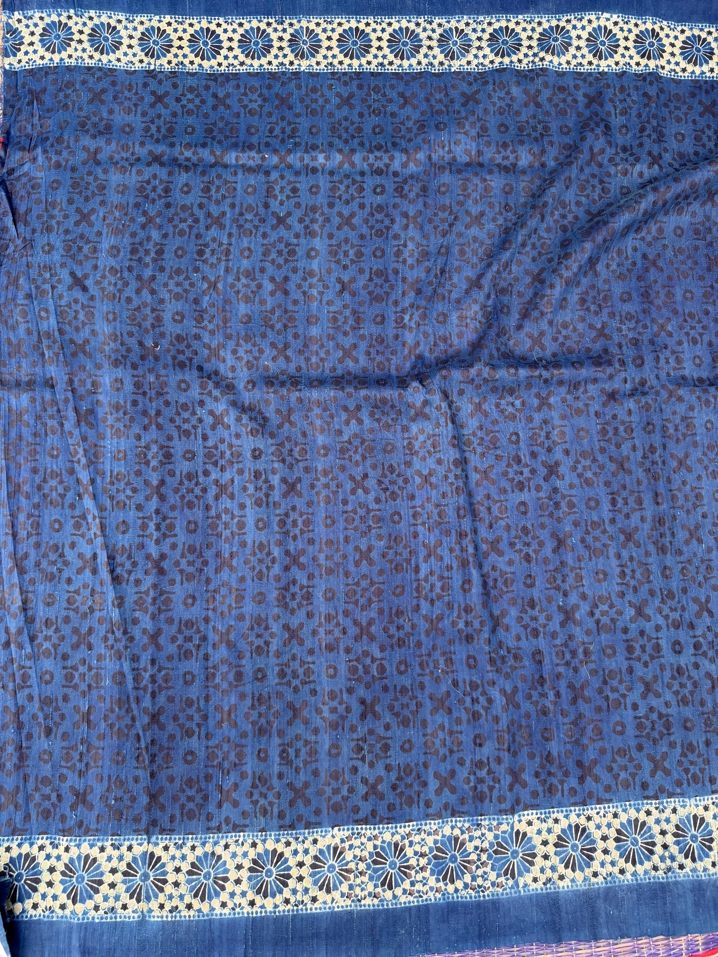 Handblock printed Ajrakh on raw silk sarees