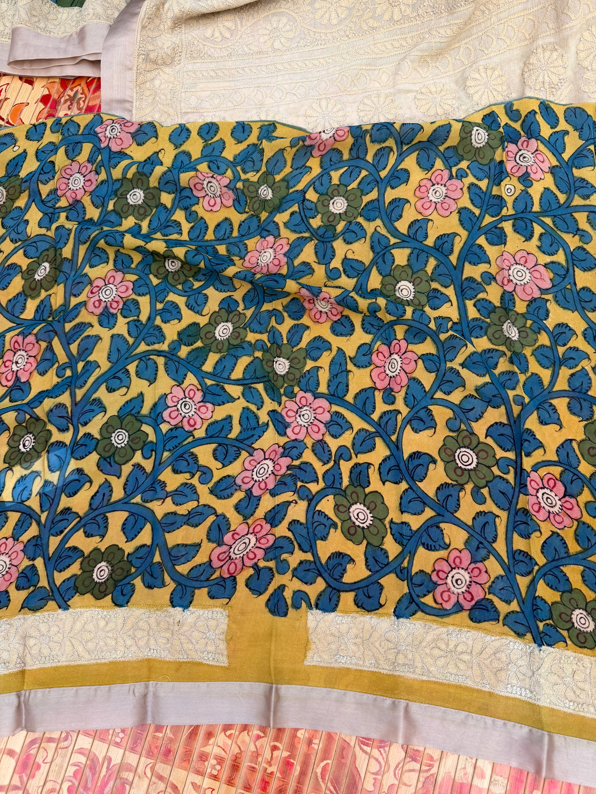 Pure silk Georgette Chikankari With Penkalamkari Saree