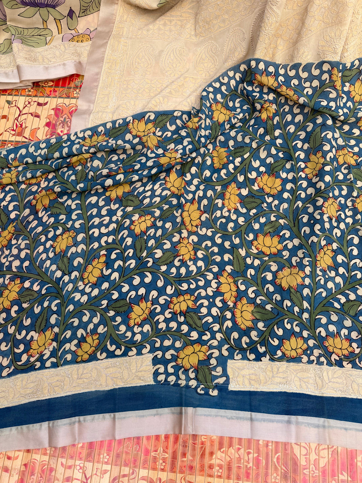 Pure silk Georgette Chikankari With Penkalamkari Saree