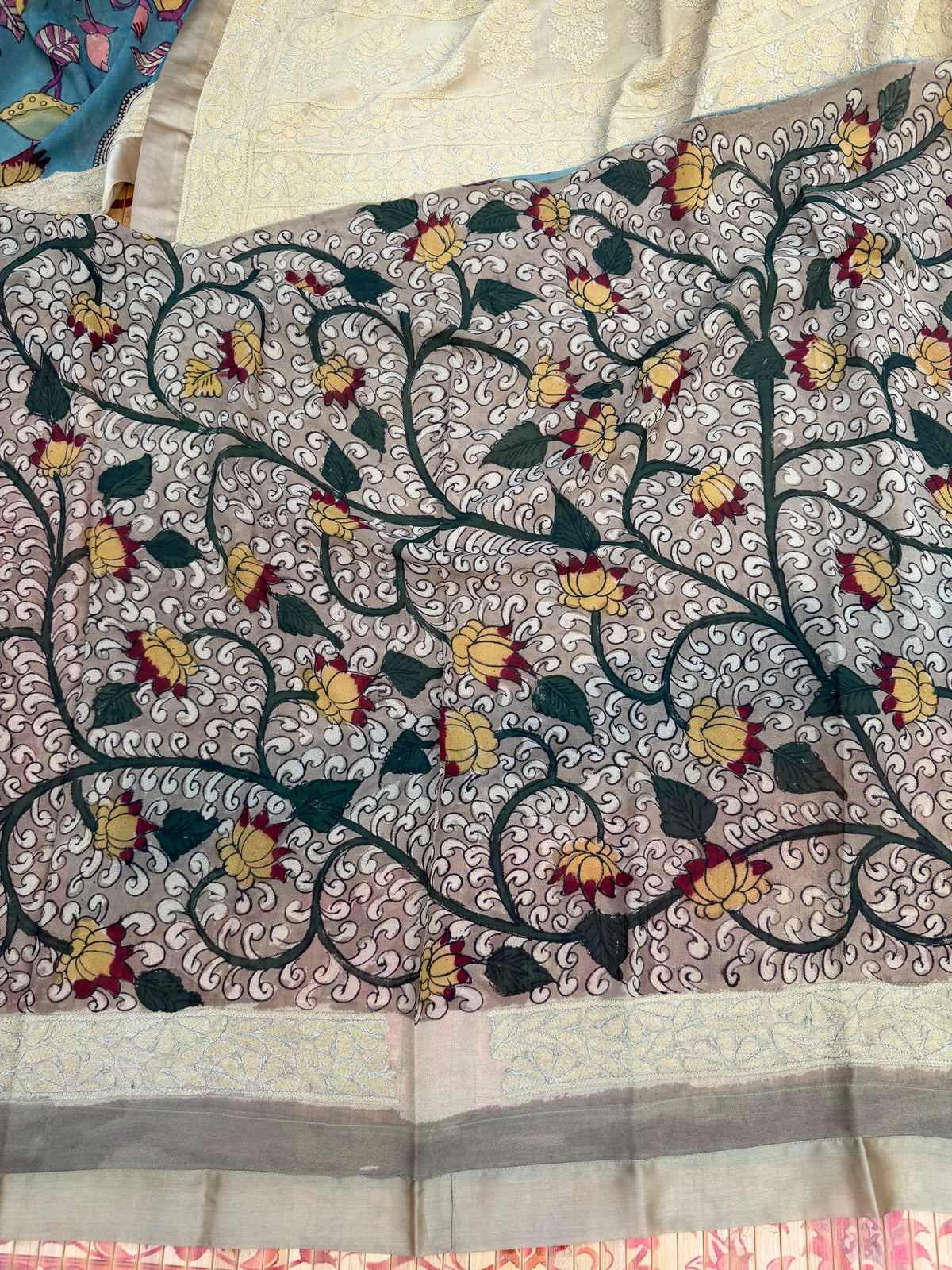 Pure silk Georgette Chikankari With Penkalamkari Saree