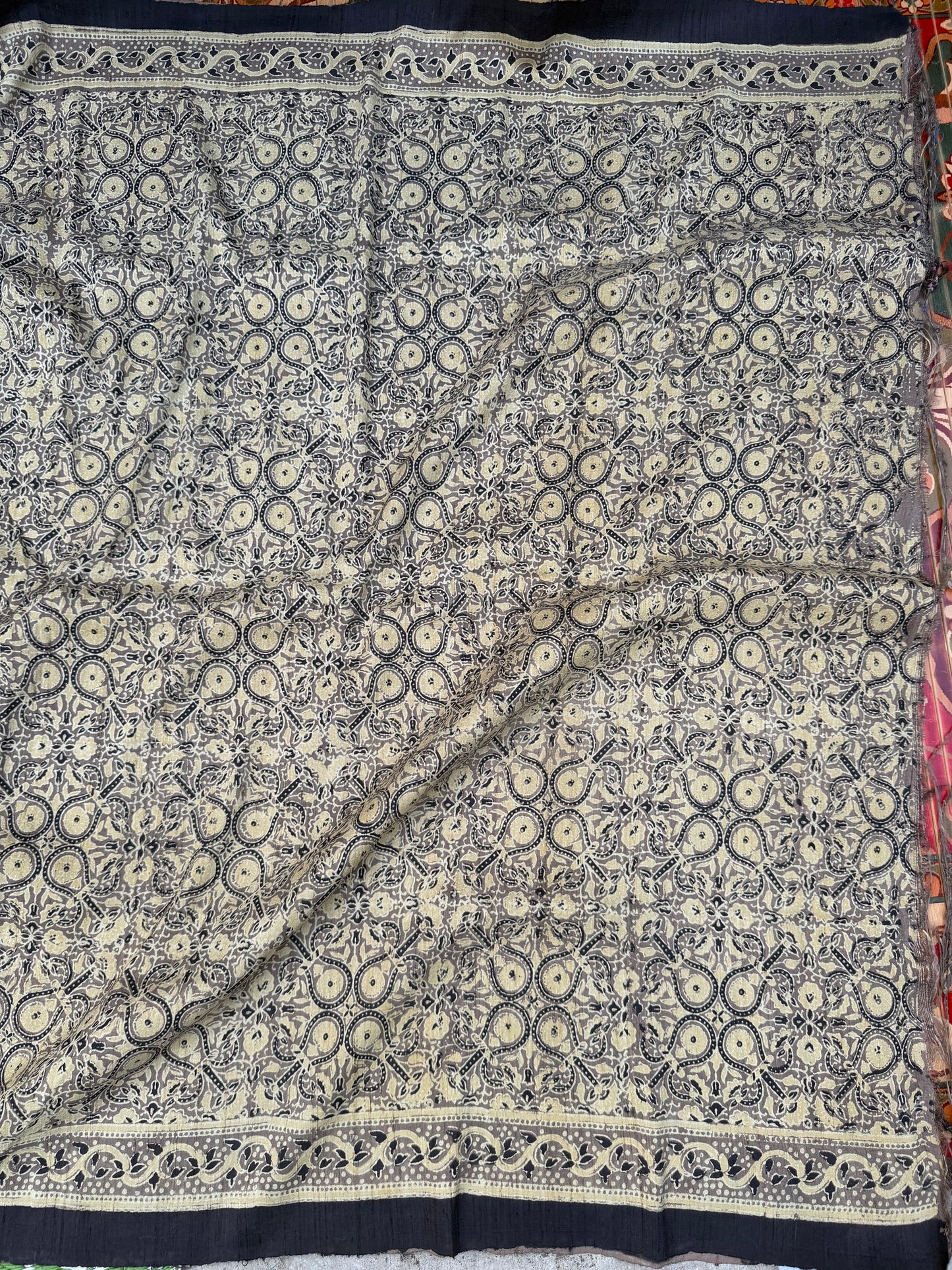 Handblock printed Ajrakh on raw silk sarees