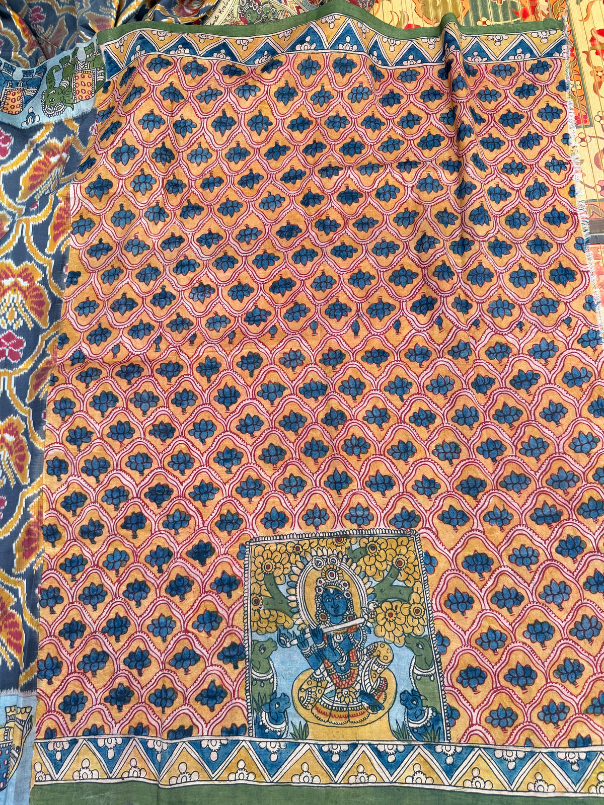 Pure Silk Hand Woven Ikkat With Penkalamkari saree