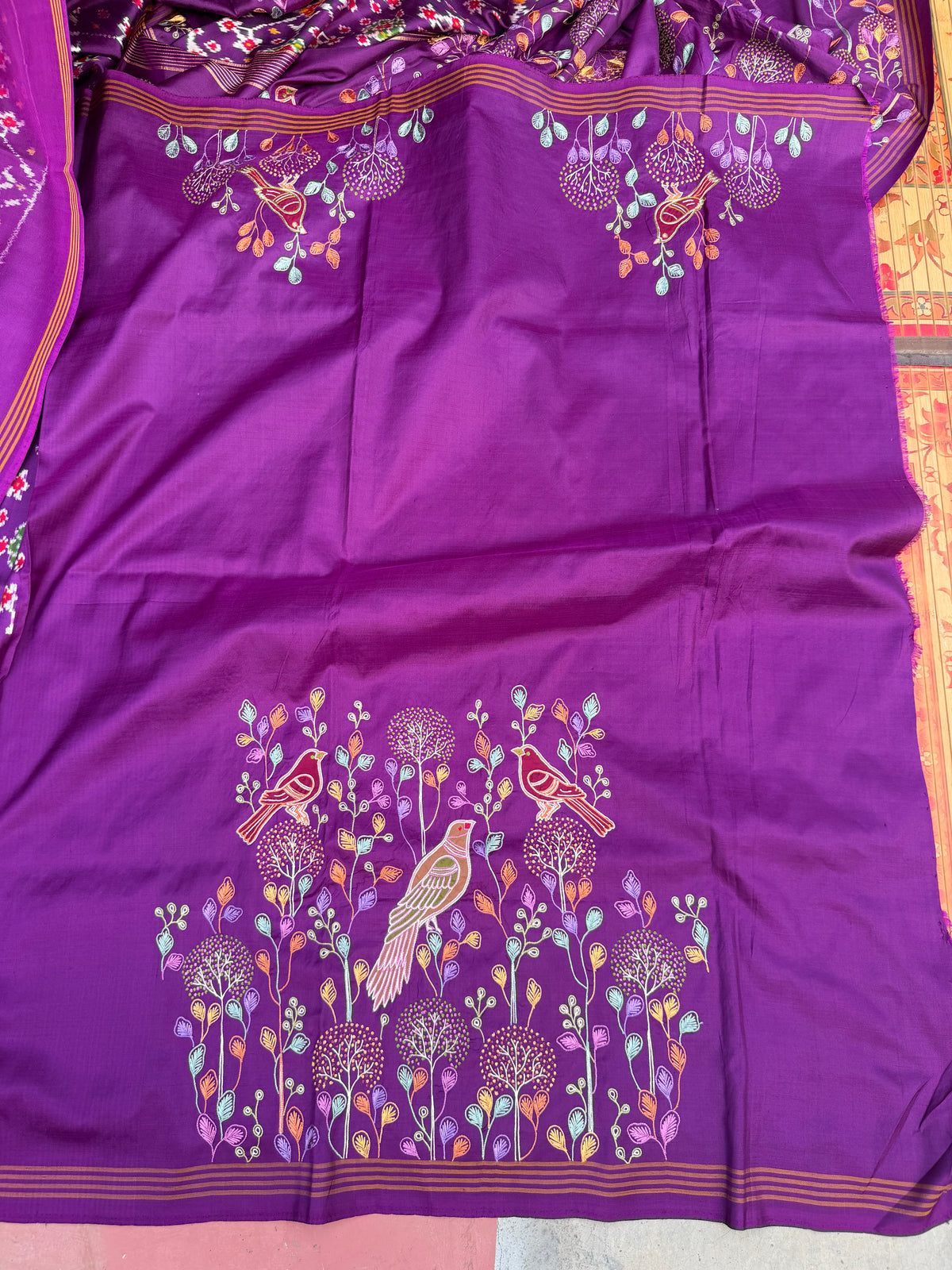 Twill Ikkat With Aari Work Embroidery saree