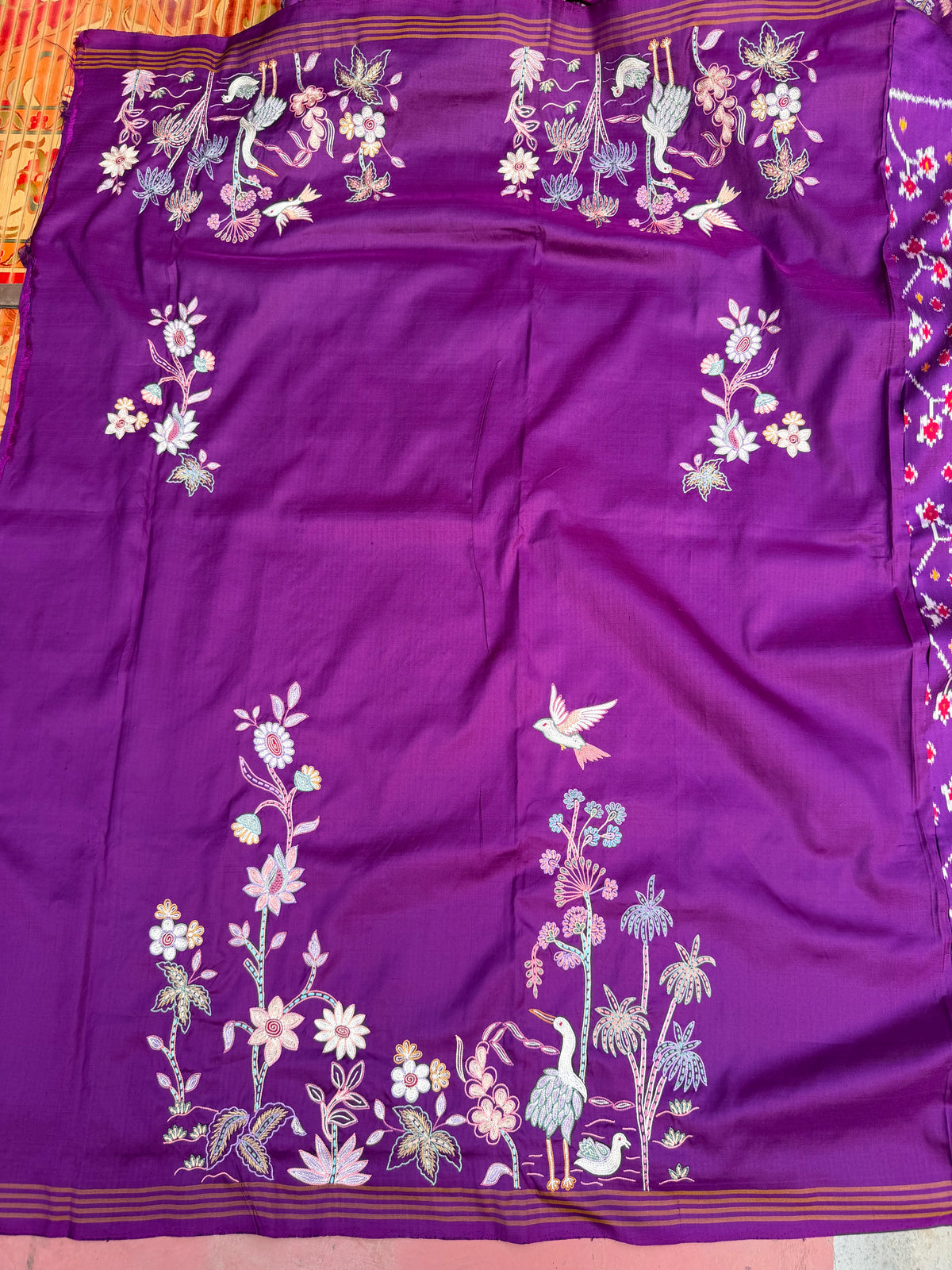 Twill Ikkat With Aari Work Embroidery saree