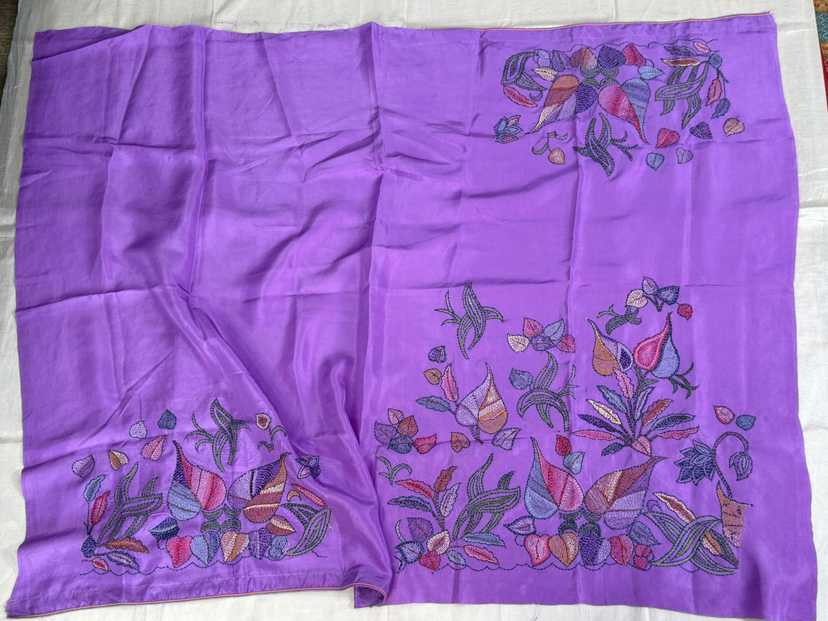Pure Satin Silk Organza With Kantha Hand Embroidery