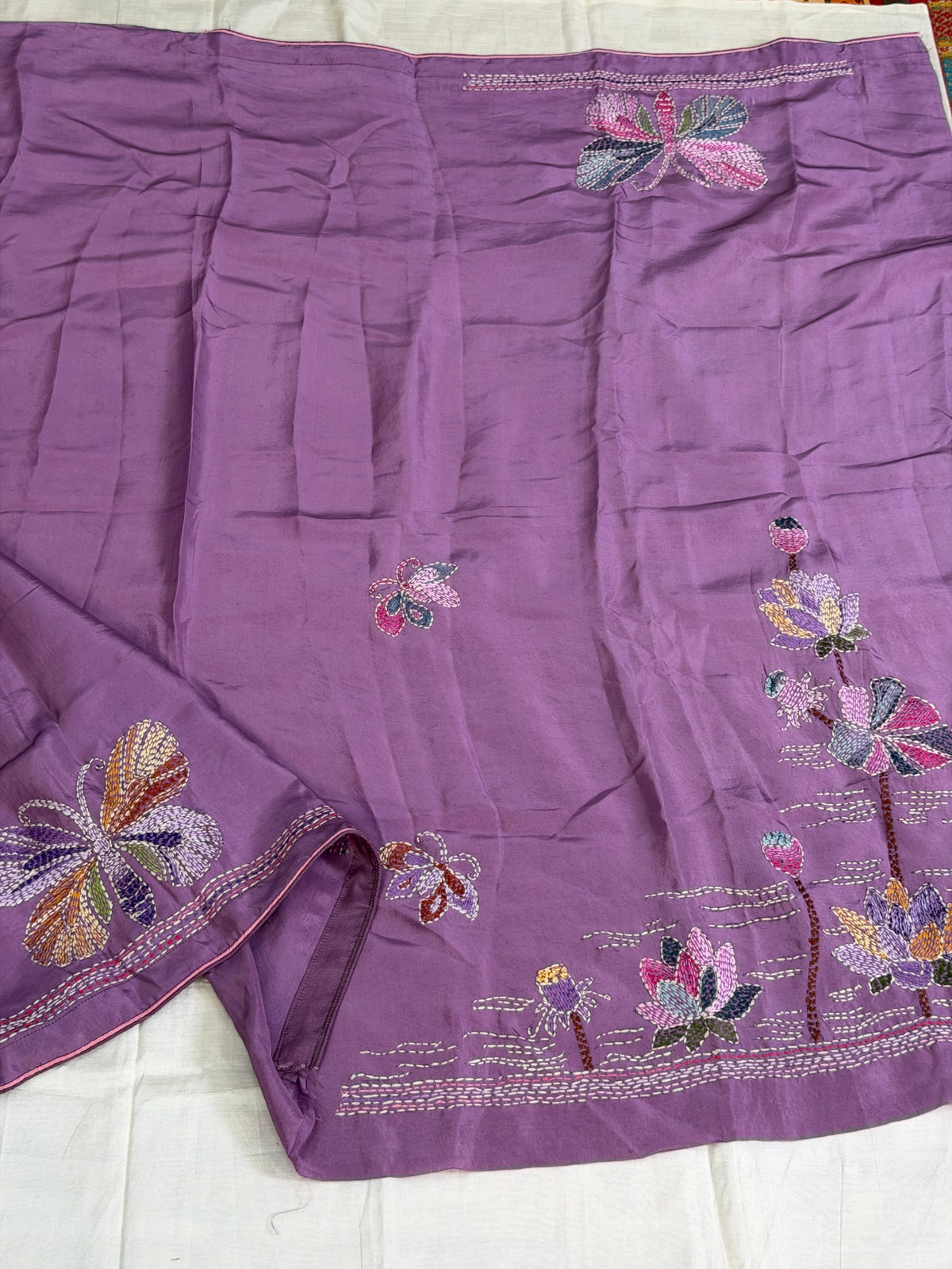 Pure Satin Silk Organza With Kantha Hand Embroidery