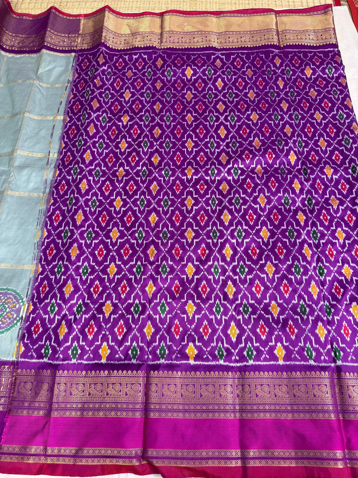 Handwoven Ikat Circle Motifs With Double Kanchi Border Saree