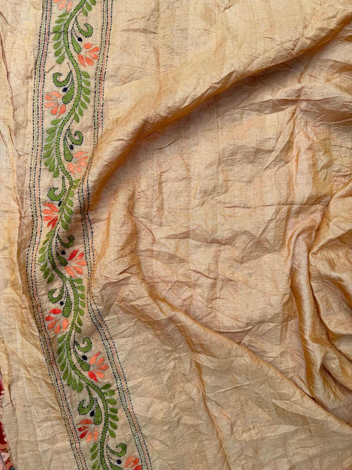 Tussar hand-knotted Bandhini with kantha embroidery