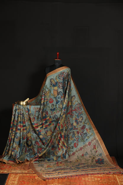 Puresilk tussar with penkalamkari