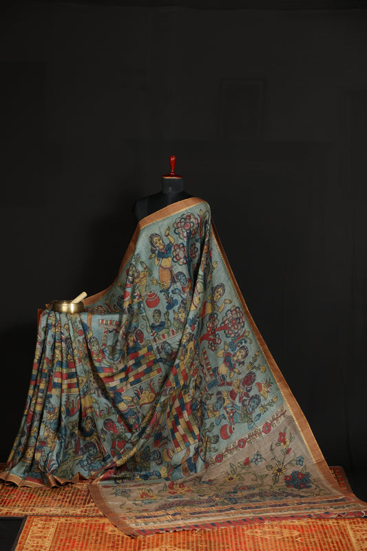 Puresilk tussar with penkalamkari