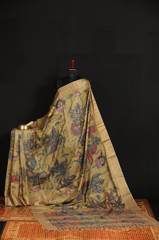 Puresilk tussar with penkalamkari