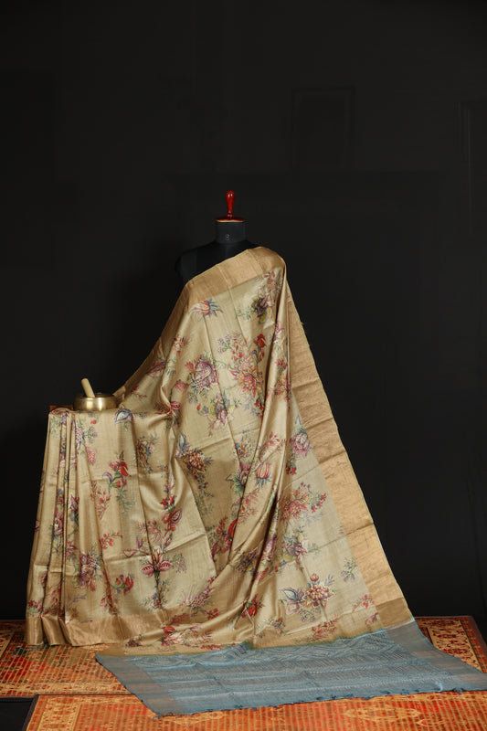 Digital printed tussar silk saree