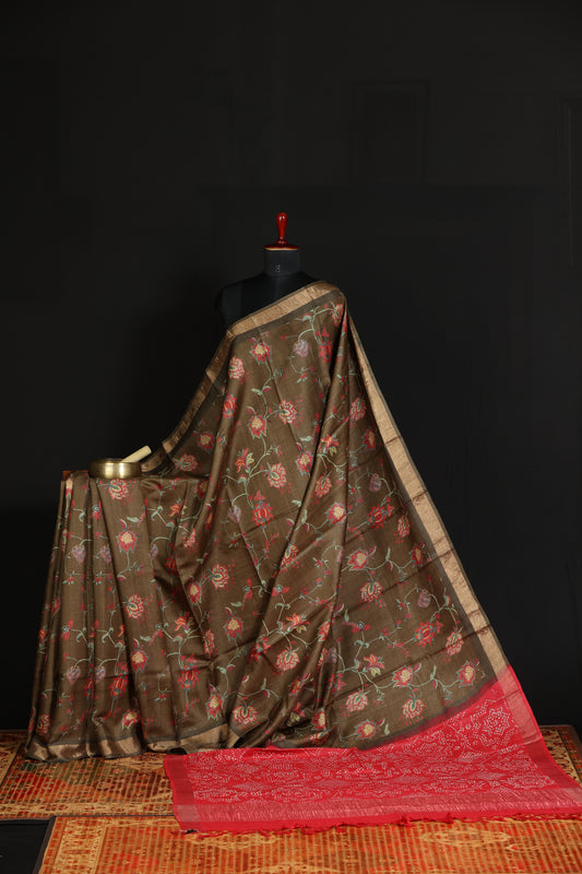 Digital printed tussar silk saree