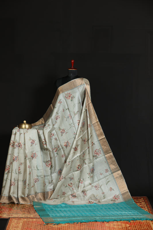 Digital printed tussar silk saree