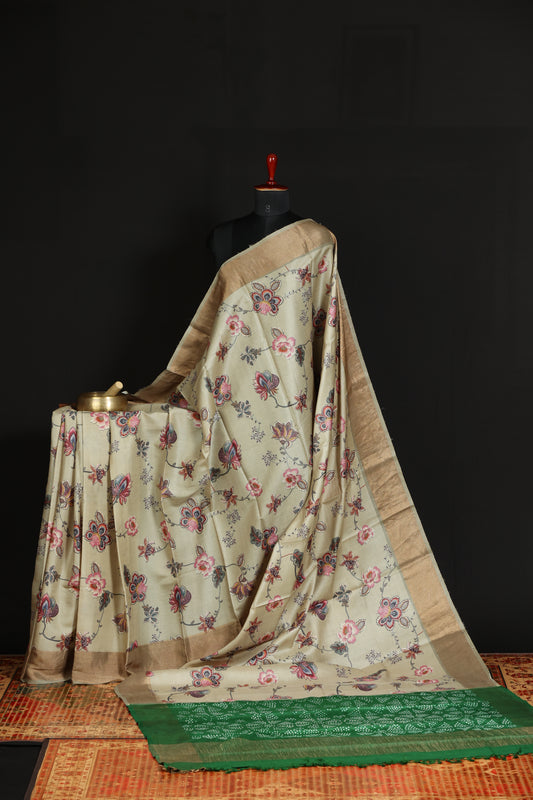Digital printed tussar silk saree