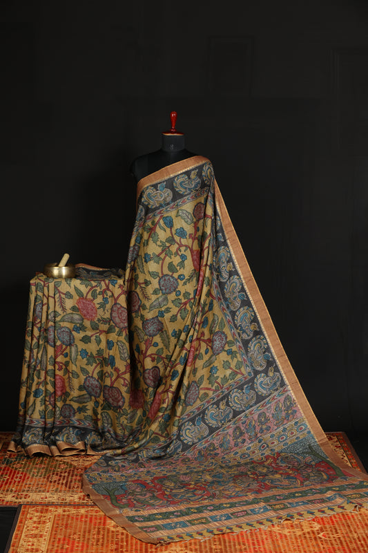 Puresilk tussar with penkalamkari