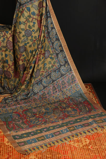 Puresilk tussar with penkalamkari