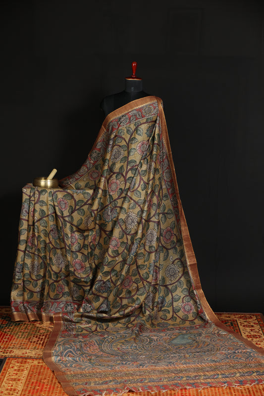 Puresilk tussar with penkalamkari