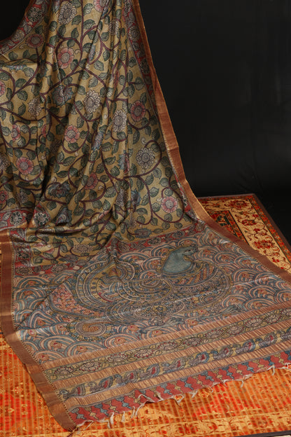 Puresilk tussar with penkalamkari