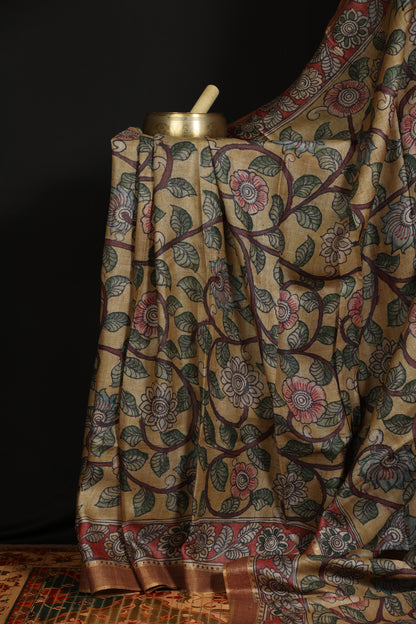 Puresilk tussar with penkalamkari