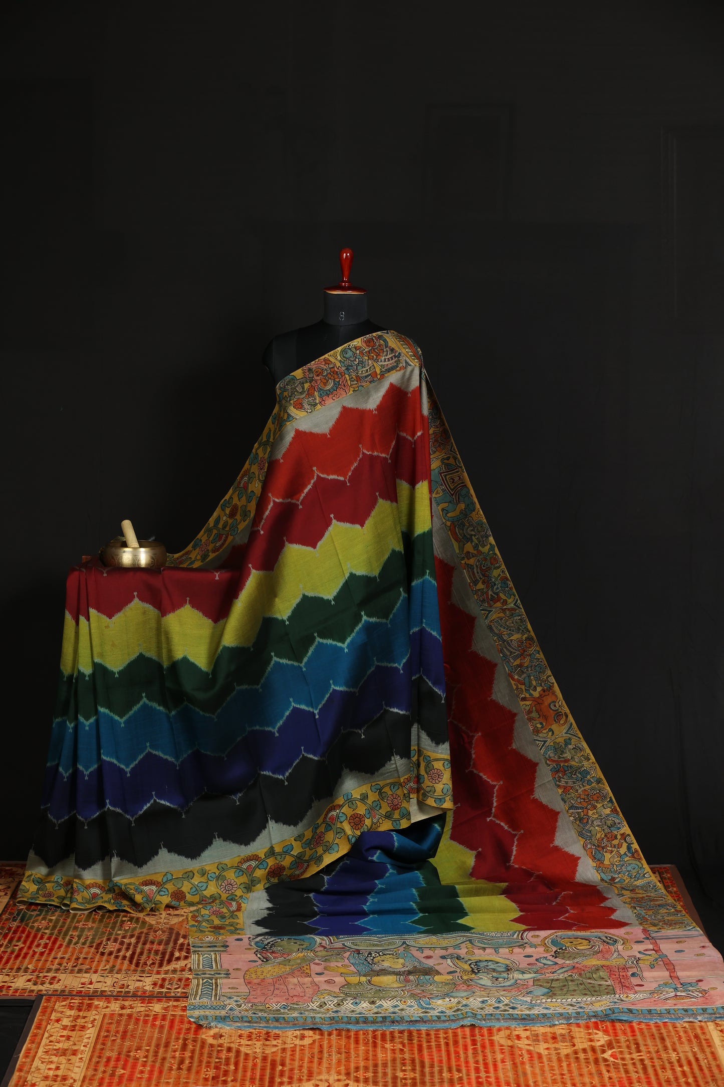 Pure silk ikkat with penkalamkari