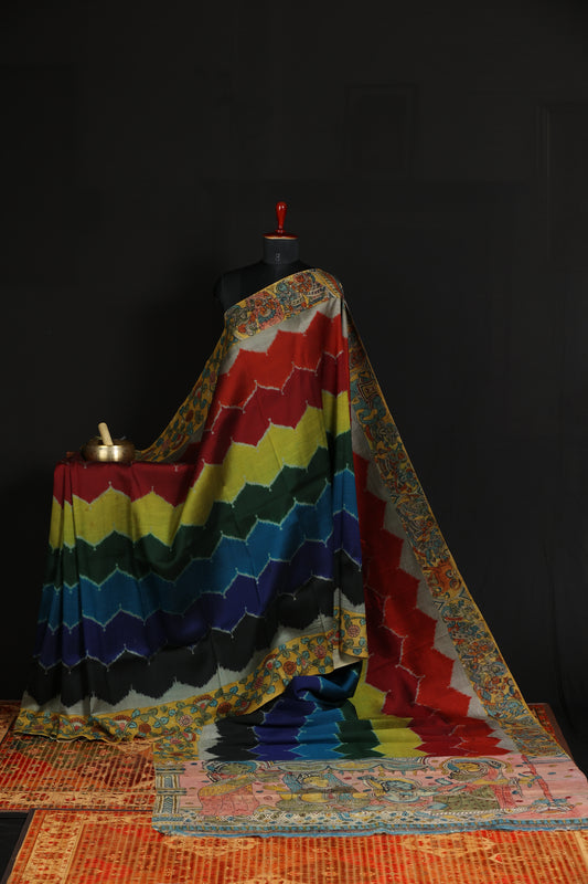 Pure silk ikkat with penkalamkari