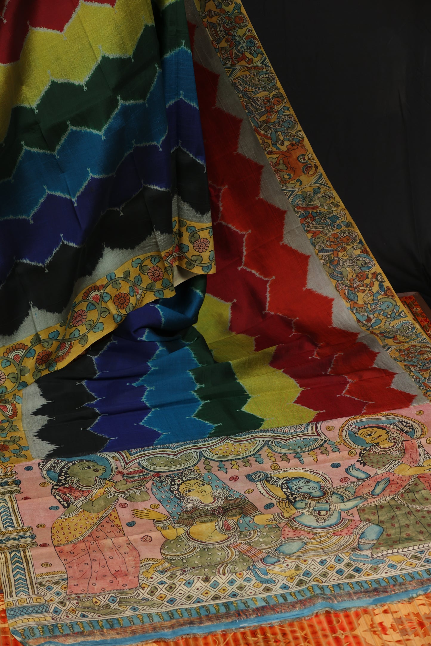 Pure silk ikkat with penkalamkari