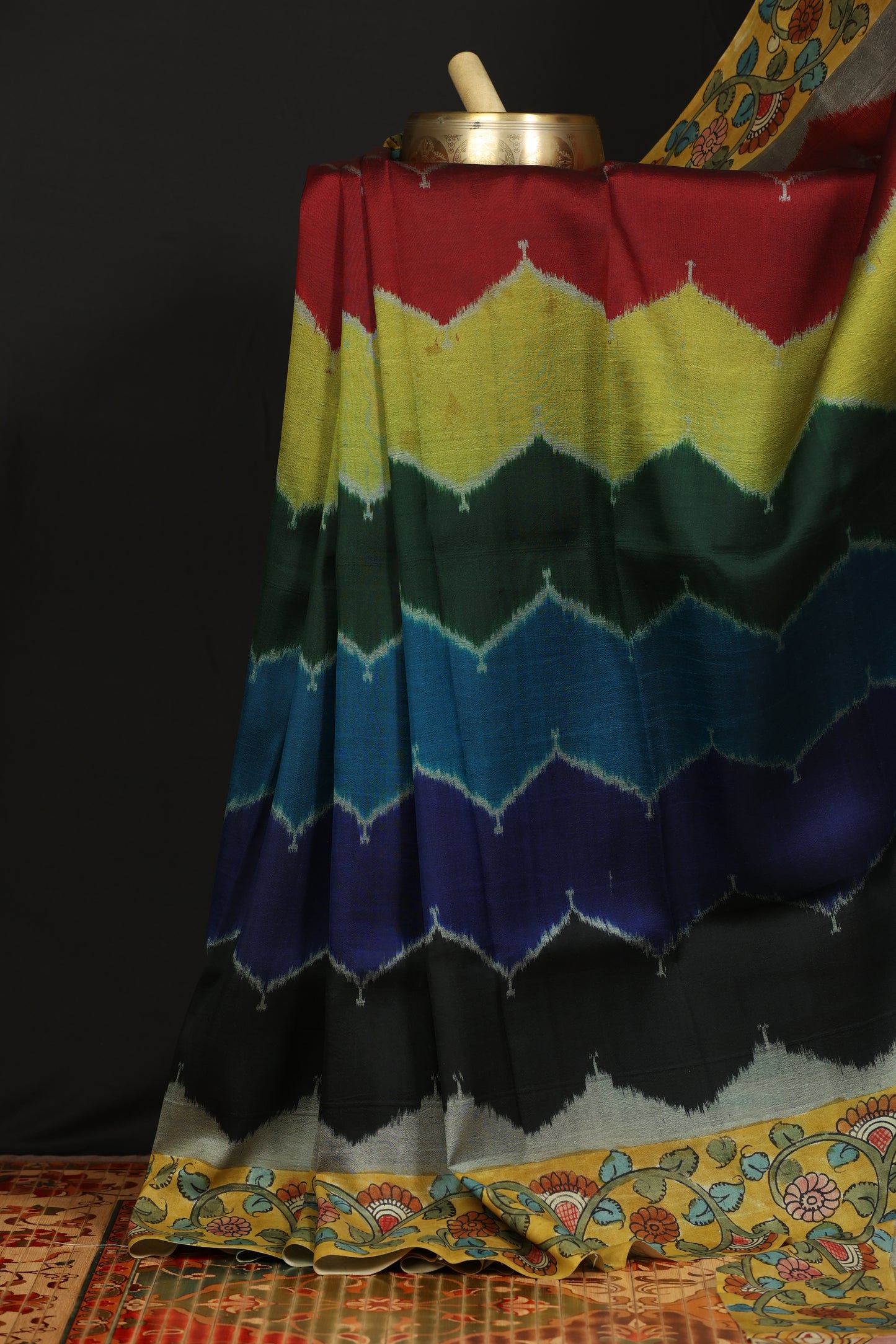 Pure silk ikkat with penkalamkari