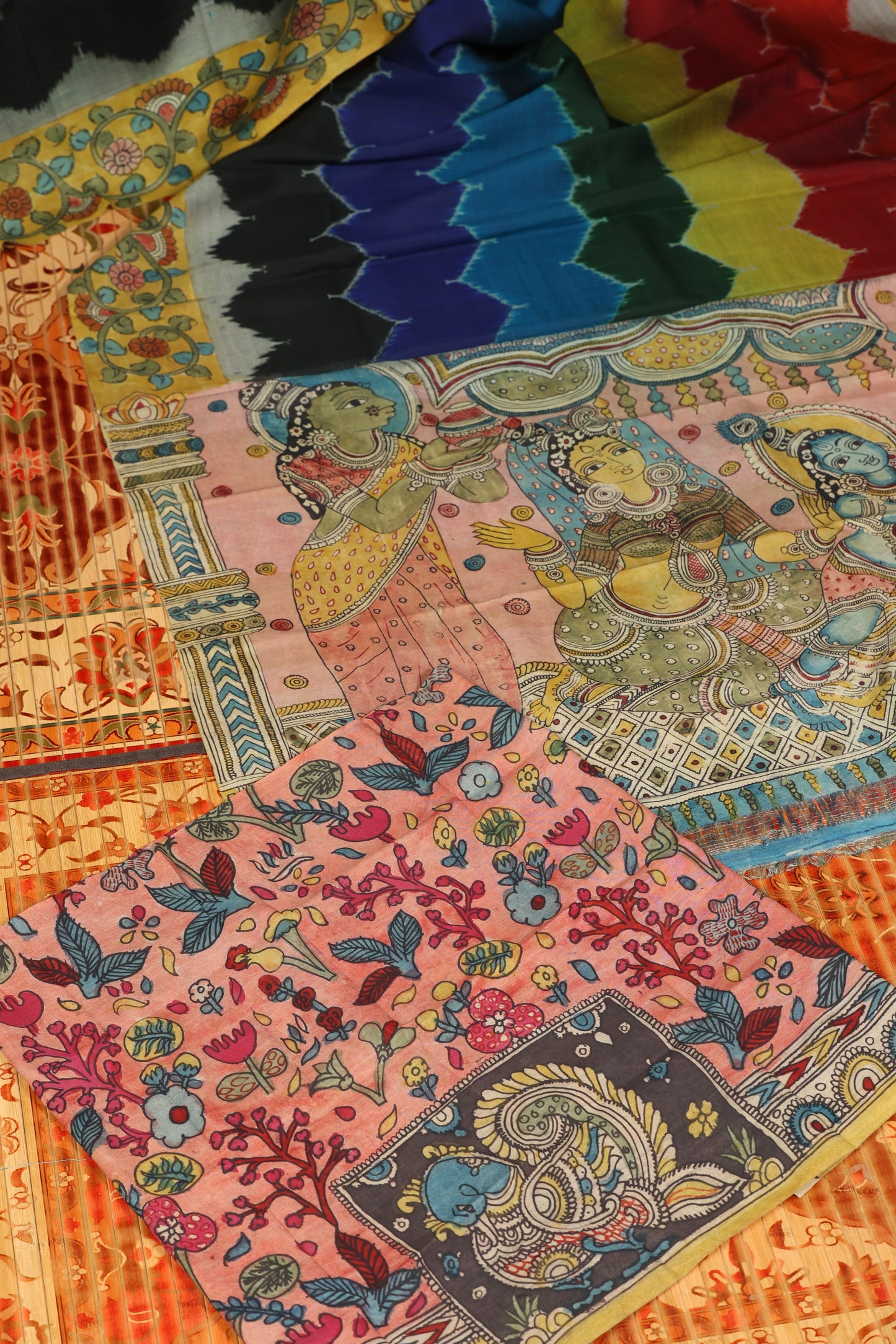 Pure silk ikkat with penkalamkari