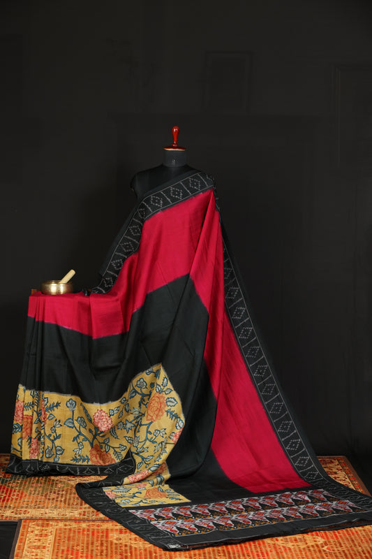 Pure silk ikkat with penkalamkari