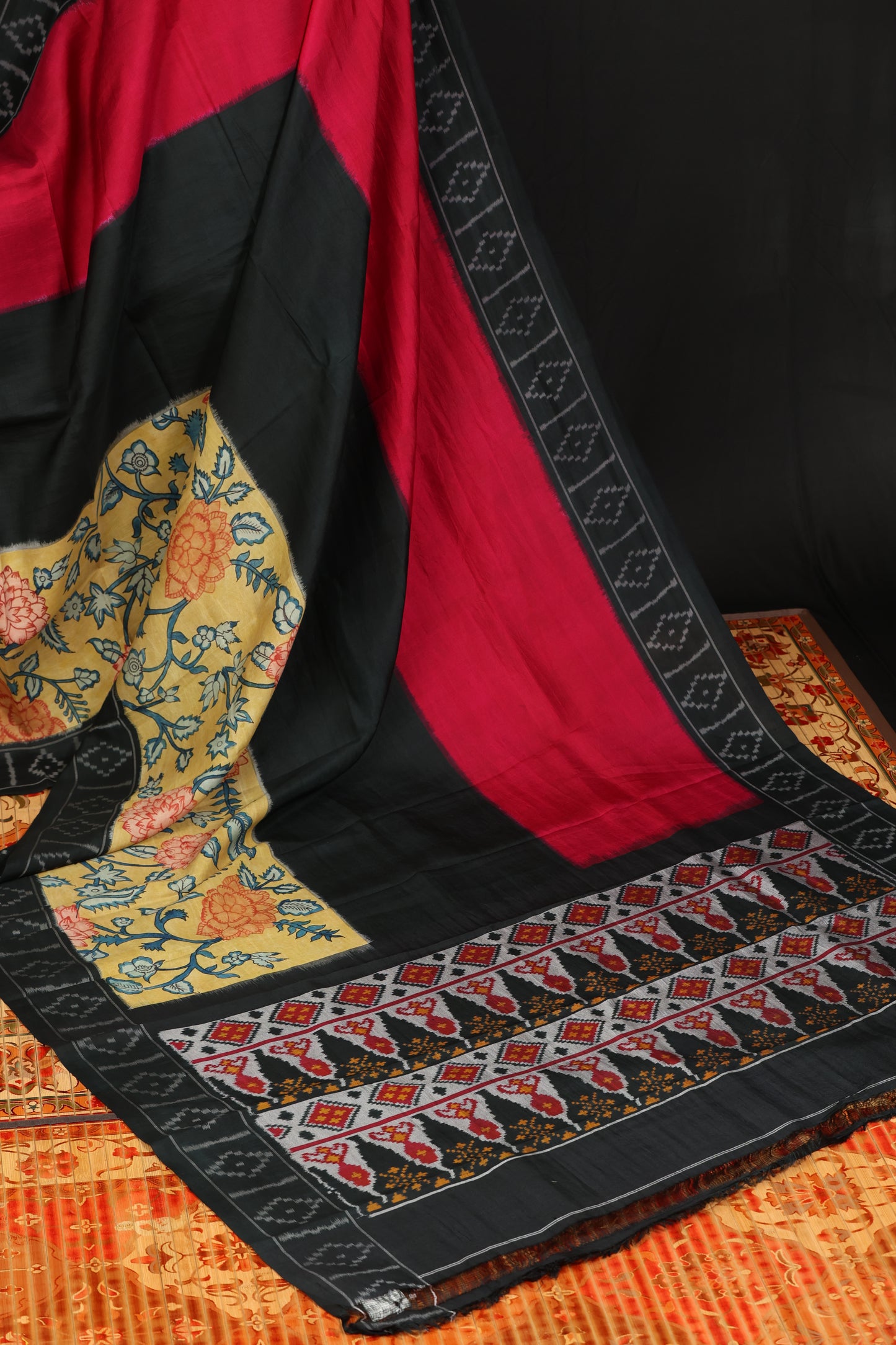 Pure silk ikkat with penkalamkari