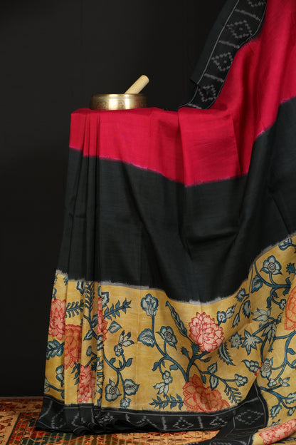 Pure silk ikkat with penkalamkari