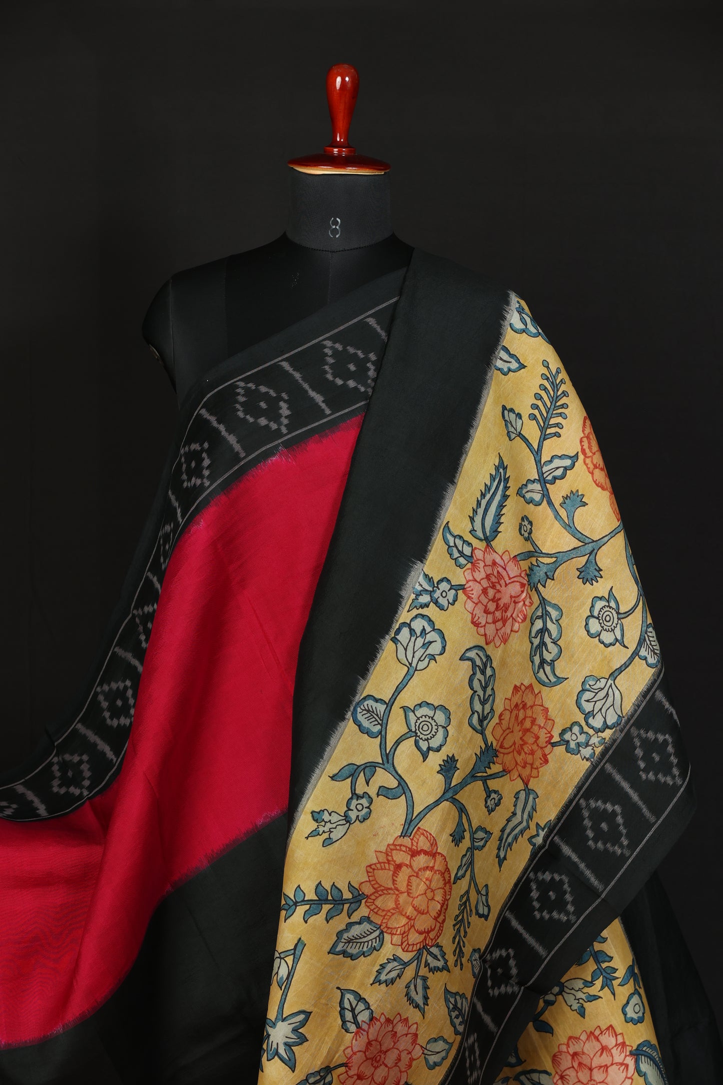 Pure silk ikkat with penkalamkari