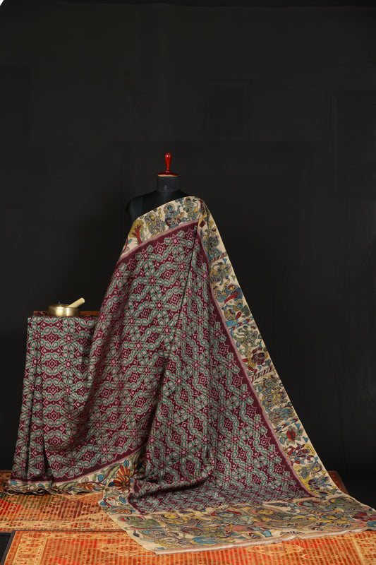 Pure silk ikkat with penkalamkari