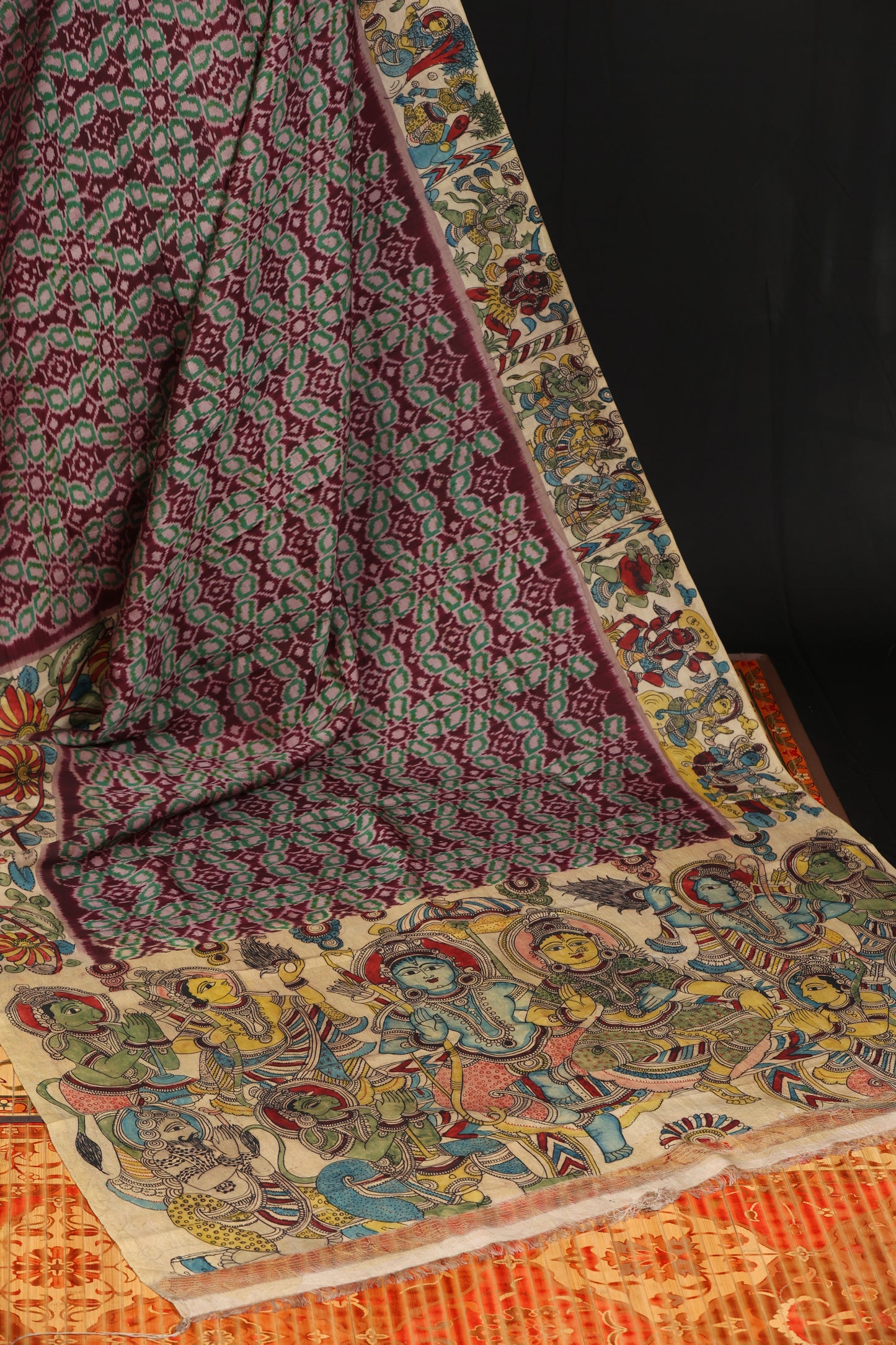Pure silk ikkat with penkalamkari
