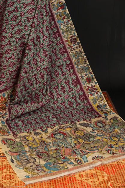 Pure silk ikkat with penkalamkari