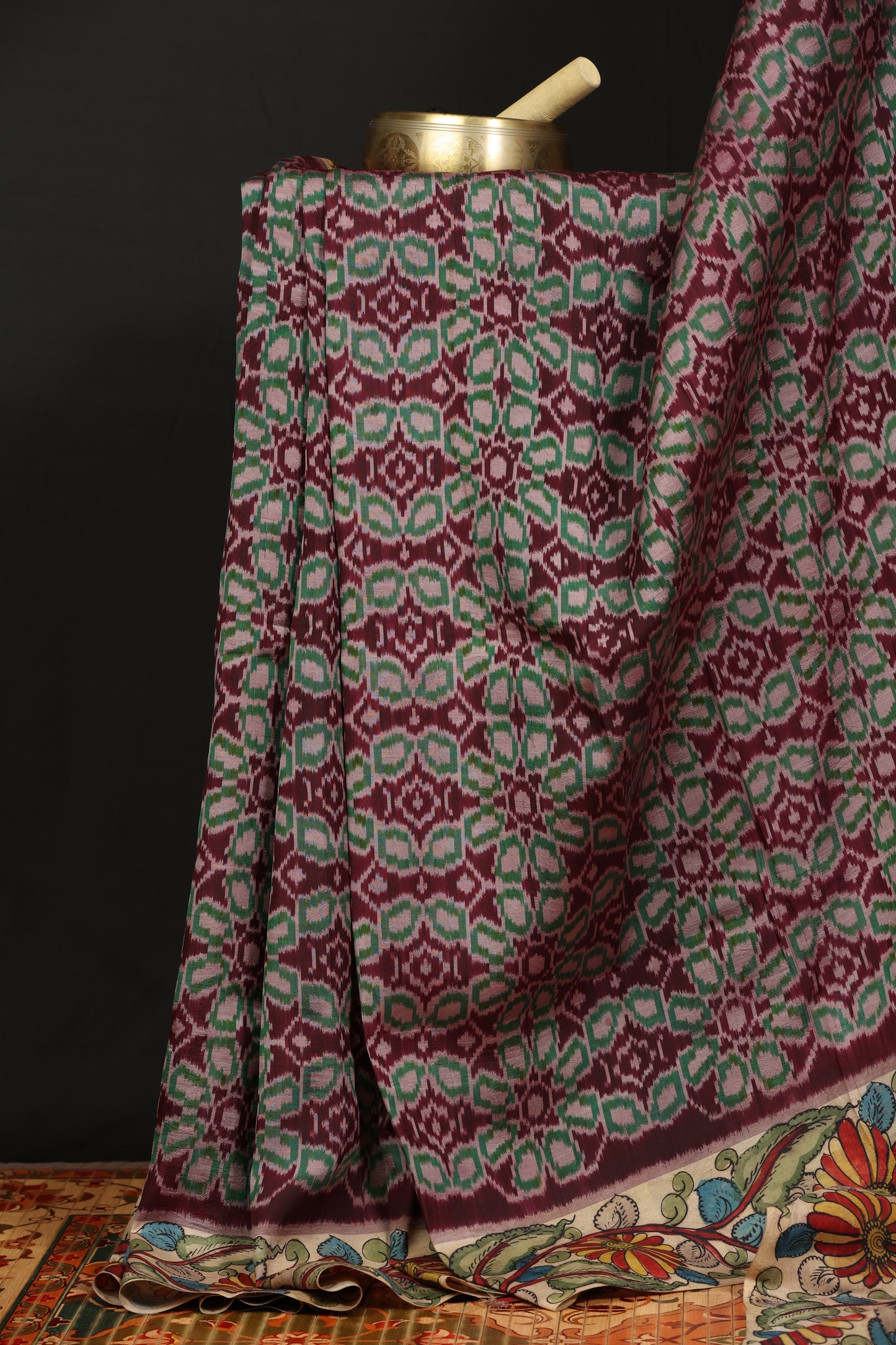 Pure silk ikkat with penkalamkari