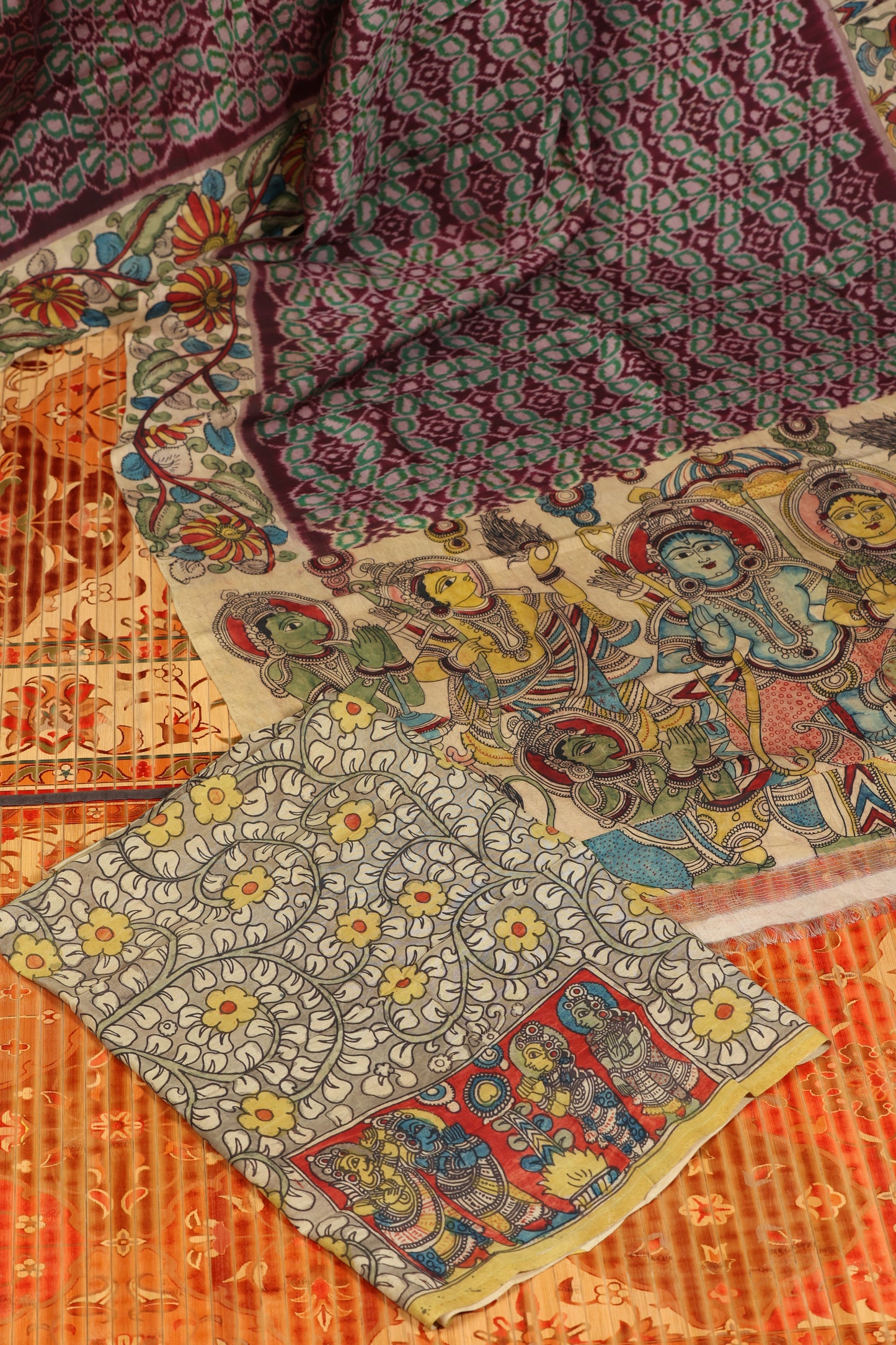 Pure silk ikkat with penkalamkari