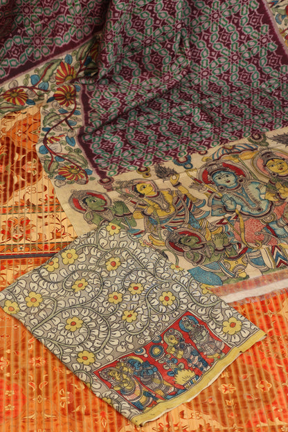 Pure silk ikkat with penkalamkari