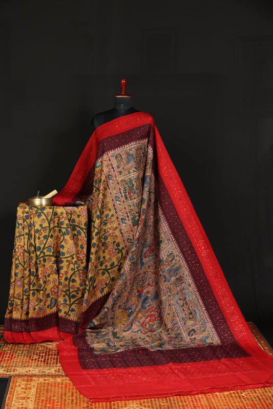 Pure silk ikkat with penkalamkari