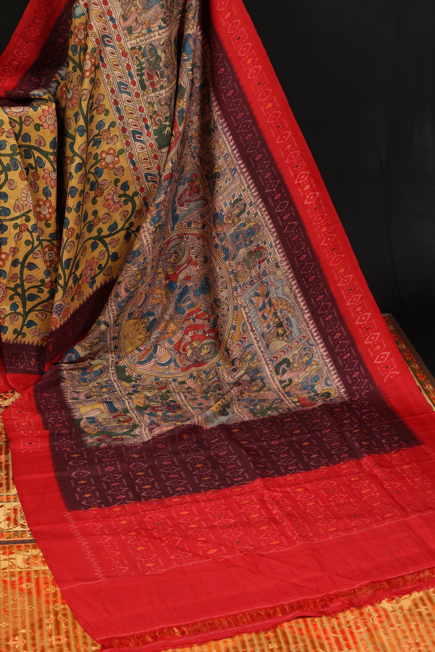 Pure silk ikkat with penkalamkari